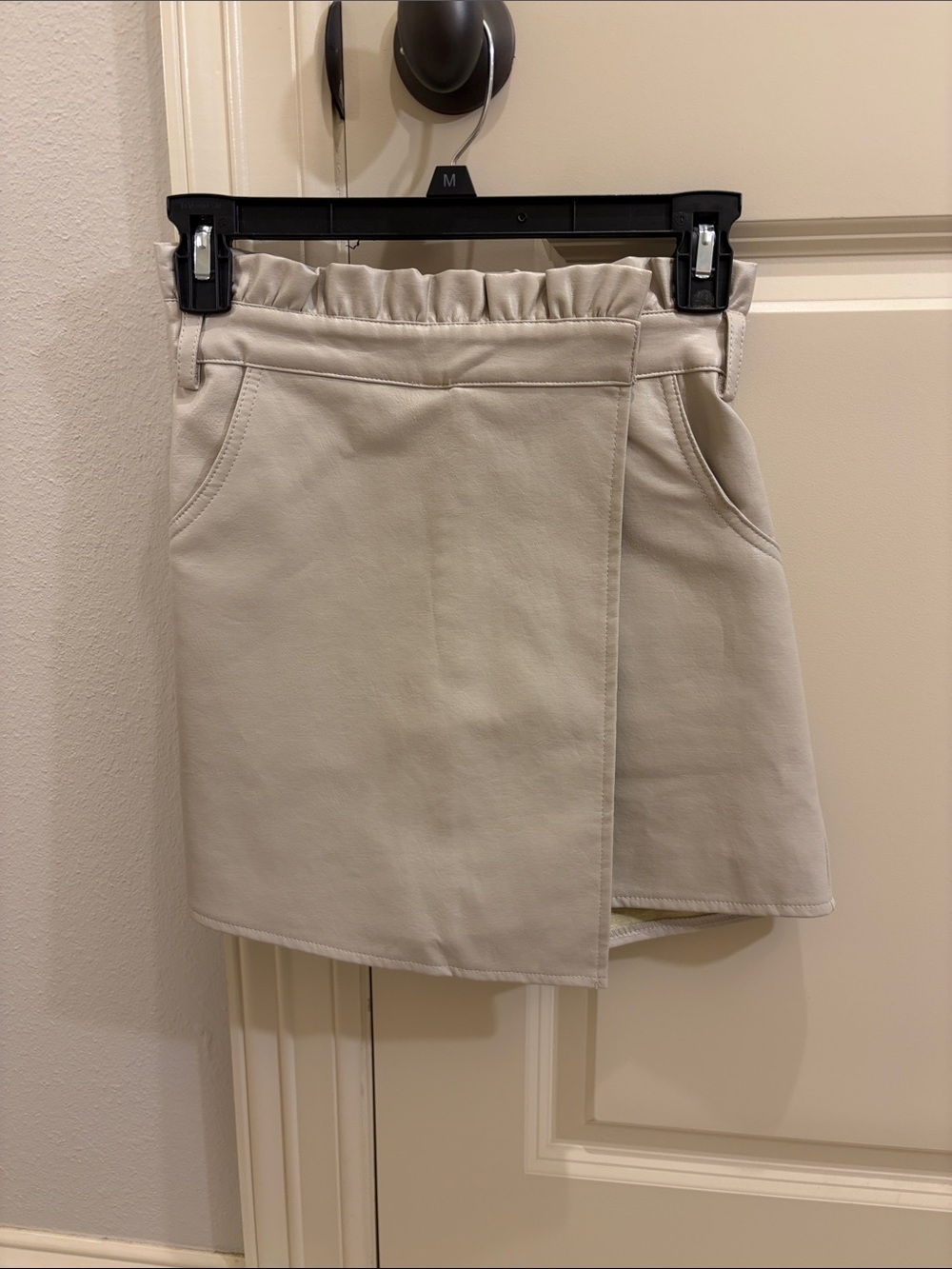 NWT Faux-Leather Cream Mini Skirt with Elastic Waist